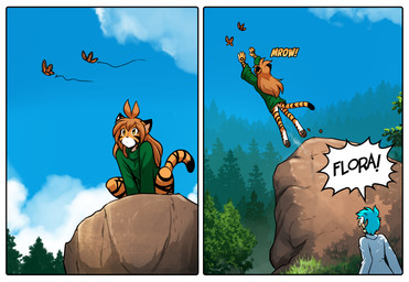 anthro biped border clothed clothed_anthro clothed_female clothed_human clothed_male clothing day dialogue duo feet female fingers freaking_out front_view fur hair male outside paws rear_view sky stripes tail toes white_border wide_eyed conditional_dnp tom_fischbach twokinds flora_(twokinds) trace_legacy arthropod butterfly human insect keidran lepidopteran mammal 2026 absurd_res comic digital_drawing_(artwork) digital_media_(artwork) hi_res