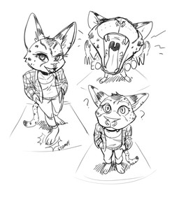 anthro barbell_piercing barefoot biped bottomwear cheek_tuft circular_barbell_piercing clothed clothing eyebrow_piercing facial_piercing facial_tuft fangs feet female flat_chested fur hand_in_pocket jacket looking_at_viewer markings meow mouth_shot nose_piercing open_clothing open_jacket open_mouth open_topwear pants piercing pockets question_mark septum_circular_barbell septum_piercing shirt simple_background solo sound_effects spots spotted_body spotted_fur teeth text topwear tuft uvula white_background fuel_(artist) felid feline mammal serval 2026 black_and_white english_text hi_res monochrome