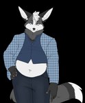 anthro belly belly_exposed blue_eyes bottomwear clothed clothed_anthro clothing clothing_lift ear_tuft eyebrows fully_clothed fully_clothed_anthro hand_on_hip looking_at_viewer male navel open_clothing open_shirt open_topwear overweight overweight_anthro overweight_male pants raised_clothing raised_eyebrow raised_shirt raised_topwear shirt shirt_lift solo topwear tuft kittydee pacato canid canine fox mammal 2024 alpha_channel hi_res