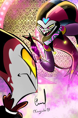 anthro duo hell male male/male scared cariaguilar98 hellaverse helluva_boss blitzo_(helluva_boss) fizzarolli_(helluva_boss) demon imp hi_res