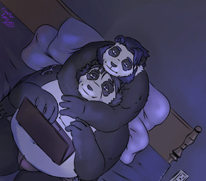 anthro bed belly black_body black_nose bulge clothing computer detailed_background duo electronics furniture hug hugging_another hugging_from_behind inside lying male male/male overweight overweight_male pillow sitting underwear white_body crentonigen bear giant_panda mammal 2021 hi_res