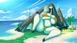 16:9 2023 alternate_species ambiguous_gender beach big_breasts bikini blue_eyes bottomwear breasts brown_hair celesteela chest_gem cleavage clothed clothing cloud extreme_size_difference featureless_feet feet female floating_arms fur gem generation_3_pokemon generation_7_pokemon glowing glowing_mouth hair hair_over_eyes harriett_(latiar) hi_res huge_breasts larger_female latiar light_body light_skin long_neck lying macro navel nintendo on_back open_mouth outside overweight overweight_female palm_tree pants plant pokemon pokemon_(species) purple_body purple_fur red_bottomwear red_clothing red_pants sableye sableye_(xenomata) seaside size_difference sky skyscape smaller_ambiguous solo swimming_trunks swimwear thick_thighs tongue tree two-piece_swimsuit ultra_beast under_boob widescreen yellow_bikini yellow_clothing yellow_swimwear yellow_tongue