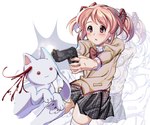 ambiguous_gender blood bodily_fluids chibifur clothed clothing duo female feral gun ranged_weapon weapon kuro_chromium puella_magi puella_magi_madoka_magica kyubey madoka_kaname human incubator_(puella_magi) mammal hi_res