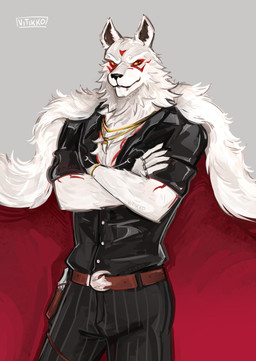black_nose cape clothed clothing crossed_arms facial_markings fur grey_background grey_body grey_fur head_markings markings ring simple_background solo vitikko epic_games fortnite fletcher_kane canid canine canis mammal wolf colored hi_res signature
