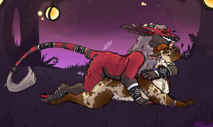 all_fours anal anal_penetration anthro asphyxiation bdsm bite choking collar doggystyle duo ear_bite fluffy forest from_behind_position hooves horn lamp lantern male male/male male_penetrated male_penetrating male_penetrating_male outside penetration petplay plant roleplay sex slightly_chubby spots tail tail_tuft tree tuft meldritchhorror mythology artimus_(character) asmodeus_(character) canid canid_demon canine canis demon domestic_dog hellhound hyena mammal mythological_canine mythological_creature spotted_hyena hi_res