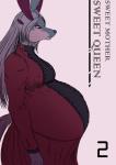 alien amalgam anthro belly big_belly canid canine clothed clothing cover digital_media_(artwork) english_text female fox hair hi_res horn hybrid long_hair mammal mother_(lore) number parent_(lore) pregnant robe scarlett_(whiterabbit95) side_view simple_background smile solo standing text whiterabbit95