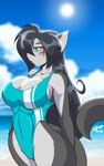 anthro beach big_breasts black_hair blue_eyes breasts chest_tuft cleavage clothed clothing eyebrow_through_hair eyebrows eyelashes female fur grey_body grey_fur hair long_hair one-piece_swimsuit outside seaside solo swimwear translucent translucent_hair tuft mastergodai rascals chrissy_mccloud domestic_cat felid feline felis mammal 2022 hi_res