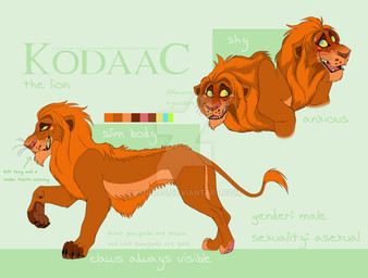 black_claws blue_eyes blush bodily_fluids brown_body brown_fur brown_pawpads claws deviantart_logo feral freckled_face freckles fur green_eyes grin male male_feral mane narrowed_eyes open_mouth open_smile orange_mane pawpads side_view smile solo sweat whiskers white_sclera kodaac deviantart felid lion mammal pantherine model_sheet watermark