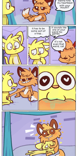 4_fingers anthro anthro_on_anthro black_ears black_nose black_sclera boss_and_employee countershading dialogue dipstick_tail duo featureless_crotch female fingers fur male male/female markings orange_body orange_fur pupils seductive tail tail_markings whiskers white_body white_countershading white_pupils yellow_body yellow_fur young young_female young_male young_on_young zexium deadlycomics_(copyright) cornbread_(deadlycomics) sandals_(deadlycomics) canid canine domestic_cat felid feline felis fox mammal comic