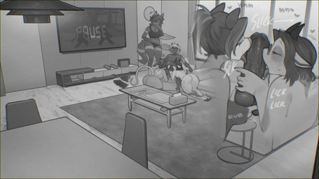 anthro balls big_butt biped breasts butt detailed_background dialogue eyes_closed eyewear female furniture genitals glasses group group_sex handjob inside licking male male/female nude oral penile penis penis_lick sex sofa text threesome tongue sincrescent bovid canid canine caprine mammal hi_res