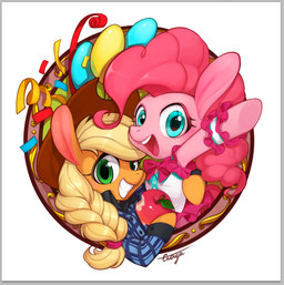 apple blonde_hair blue_eyes border clothing duo female food fruit green_eyes grey_border hair hat headgear headwear long_hair open_mouth open_smile pink_hair plant shirt smile teeth topwear ciciya friendship_is_magic hasbro my_little_pony applejack_(mlp) pinkie_pie_(mlp) earth_pony equid equine horse mammal pony 2015 signature
