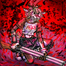 anthro blood bodily_fluids clothed clothing crop_top crouching double_barrel_shotgun grimace gun ranged_weapon shirt shotgun solo topwear weapon cool. project_zomboid the_indie_stone deer mammal undead zombie 1:1 hi_res
