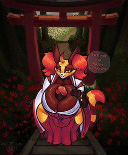 anthro autotitfuck big_breasts big_penis bodily_fluids breast_play breasts brown_body brown_fur clothed clothed_anthro clothed_gynomorph clothing detailed_background dialogue duo fur genital_fluids genitals glistening glistening_breasts gynomorph high-angle_view holidays huge_breasts huge_penis inner_ear_fluff intersex looking_at_viewer masturbation penile penile_masturbation penis precum red_body red_fur shrine_gate shrine_maiden smile smiling_at_viewer speech_bubble stairs talking_to_viewer text tuft wide_hips yellow_body yellow_eyes yellow_fur idlepotoo halloween nintendo pokemon delphox generation_6_pokemon mammal pokemon_(species) absurd_res english_text hi_res