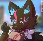 anthro black_body black_clothing black_fur black_pawpads blue_body blue_fur blue_inner_ear_fluff blue_sclera breasts clothed clothing cute_fangs eyelashes facial_tuft fangs female fluffy fluffy_tail fur fur_trim_(clothing) head_tuft inner_ear_fluff looking_at_viewer multicolored_eyes notched_ear one_eye_closed pawpads pink_body pink_fur smile solo tail teeth tuft wink robynfloof epic_games fortnite pack_leader_highwire canid canine canis mammal wolf artist_name hi_res