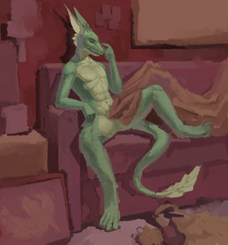 anthro bedding eyes_closed furniture green_body green_scales green_tail inside male nude nude_anthro nude_male on_sofa scales sitting sitting_on_sofa sofa solo tail yellow_body hilyasp leaftail_(hilyasp) kobold scalie digital_media_(artwork) digital_painting_(artwork) hi_res painting_(artwork) shaded
