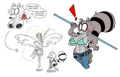 anthro big_breasts big_butt bikini bikini_top black_clothing blush blush_lines bodysuit boots bottomwear breasts butt clothed clothing cosplay costume denim denim_bottomwear denim_clothing duo feathered_wings feathers female female_anthro femme_fatale footwear fur halo high_heeled_boots high_heels jeans male markings pants pouch_(clothing) raccoon_tail shocked shoes simple_background skinsuit solo swimwear tail tail_markings text tight_clothing two-piece_swimsuit white_background wings diegutan one_piece nami_(one_piece) uva_the_raccoon angel canid canine fox mammal procyonid raccoon aliasing binary_drawing digital_drawing_(artwork) digital_media_(artwork) english_text hi_res