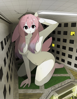5_fingers anthro bodily_fluids breasts ceiling convenient_censorship cracked_ceiling dynamax female fingers fur grass growth hair hair_covering_breasts head_hit holding_head hole_in_ceiling inside kemono kneeling liminal_spaces macro nude open_mouth pink_eyes pink_hair plant room_filling silhouette solo sweat white_body white_fur window mikeyama nintendo pokemon dynamax_pokemon eeveelution generation_6_pokemon mammal pokemon_(species) sylveon 2026 hi_res