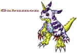 ambiguous_gender anthro claws fur horn markings nude purple_body purple_fur raised_tail red_eyes simple_background solo stripes tail teeth text toe_claws white_background white_body white_fur yellow_body yellow_skin tigerlilylucky bandai_namco digimon digimon_(species) gabumon reptile scalie 2009 english_text traditional_media_(artwork)