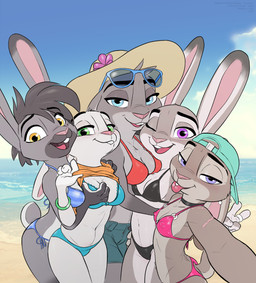 animal_ears anthro backwards_baseball_cap backwards_hat baseball_cap beach bikini biped breast_fondling breast_grab breast_play breasts buckteeth clothed clothing detailed_background eyebrows eyewear female female/female fondling fur grey_body grey_fur group hair hait hand_on_breast hat headgear headwear looking_at_viewer navel nipple_outline nipple_piercing nipples open_mouth open_smile outside piercing pink_nose pupils purple_eyes short_tail side_boob smile standing sunglasses swimwear tail teeth thick_thighs three-quarter_view tongue tongue_out tongue_piercing two-piece_swimsuit yellow_eyes amadose disney zootopia catherine_hopps_(siroc) fan_character judy_hopps riley_hopps sydney_underfoot yasmine_(s1m) european_rabbit lagomorph leporid mammal oryctolagus rabbit absurd_res hi_res incest_(lore) sibling_(lore) sister_(lore) sisters_(lore)