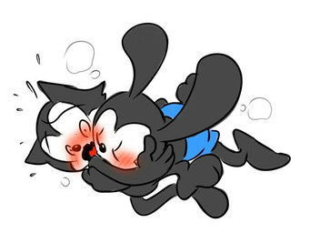 anthro blush blush_lines bodily_fluids cuddling duo embarrassed hug interspecies male male/male steaming sweat sweatdrop toony unknown_artist disney felix_the_cat_(series) felix_the_cat oswald_the_lucky_rabbit domestic_cat felid feline felis lagomorph leporid mammal rabbit 4:3