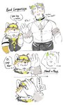 anthro blush duo eyewear goggles grey_hair hair male petting scar size_difference text yuufreak lifewonders live_a_hero gomeisa procy animal_humanoid canid canine canis domestic_dog humanoid mammal english_text hi_res