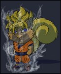 black_border blonde_hair blue_clothing blue_eyes border clothing curled_tail fur hair keikogi martial_arts_uniform multicolored_body multicolored_clothing multicolored_fur orange_clothing red_clothing sportswear super_saiyan tail tan_body tan_fur two_tone_body two_tone_clothing two_tone_fur yellow_body yellow_fur dognoms dragon_ball dragon_ball_z mammal rodent sciurid tree_squirrel signature