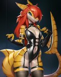 anthro armwear blue_eyes camel_toe clothed clothing female glistening glistening_eyes grin hair leather leather_armwear leather_clothing leather_topwear looking_at_viewer markings red_hair simple_background smile solo standing striped_arms striped_legs striped_markings striped_tail stripes tail tail_markings tan_body teeth topwear yellow_body shermugi melanie_(koekoek) fish marine requiem_shark shark tiger_shark 2023 absurd_res hi_res portrait signature three-quarter_portrait