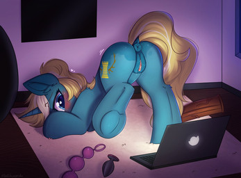 anal_beads anus blonde_hair blue_body blue_eyes bodily_fluids butt buttplug computer cutie_mark dildo electronics female feral genital_fluids genitals hair heart_symbol hooves horn laptop plug_(sex_toy) presenting presenting_hindquarters puffy_anus quadruped rear_view sex_toy solo vaginal_fluids vulva sonigiraldo hasbro my_little_pony mythology fan_character maple_parapet equid equine horse mammal mythological_creature mythological_equine pony unicorn 2020 hi_res