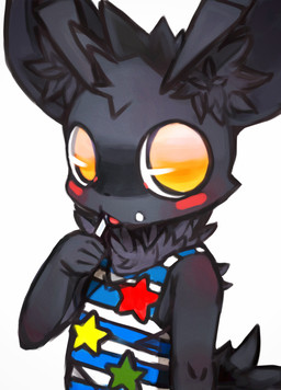 ambiguous_gender black_body black_countershading black_fur blush body_blush candy clothing countershading dessert fluffy fluffy_tail food fur inner_ear_fluff kemono licking_lollipop lollipop lollipop_in_mouth looking_at_viewer neck_tuft no_pupils open_mouth orange_eyes shirt simple_background solo star tail tank_top topwear tuft white_background young dinogaize mighty_(dinogaize) 2015 hi_res