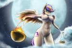 2015 3:2 anthro anthrofied blue_eyes breasts cutie_mark d-lowell equid equine fan_character feathered_wings feathers female fire genitals hair hasbro holding_object libra_(mlp) libra_(zodiac) looking_at_viewer mammal my_little_pony mythological_creature mythological_equine mythology navel nipples nude outside pegasus pussy solo western_zodiac wings