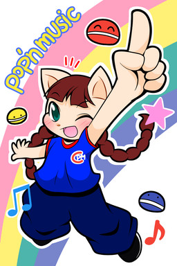 anthro bangs black_clothing black_footwear black_shoes blue_bottomwear blue_clothing blue_pants blue_shirt blue_topwear blunt_bangs blush blush_lines bottomwear braided_hair brown_hair clothing female footwear gesture green_eyes hair hand_gesture happy long_hair musical_symbol one_eye_closed open_mouth open_smile orange_nose pants pigtails pointing rainbow shirt shoes short_sleeves smile solo star symbol t-shirt text topwear twin_braids young young_anthro young_female nyako_gs bemani konami pop'n_music nyami_(pop'n_music) domestic_cat felid feline felis mammal 2:3 english_text hi_res