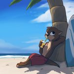 anthro barefoot beach beverage bottomwear brown_body brown_fur clothed clothing cloud detailed_background drinking drinking_straw feet fur male outside palm_tree pants plant reclining sea seaside shadow shorts sky solo surfboard swimwear tail topless tree vehicle water watercraft enginetrap oliver_(fuel) mammal mustelid otter 1:1 digital_media_(artwork) hi_res shaded