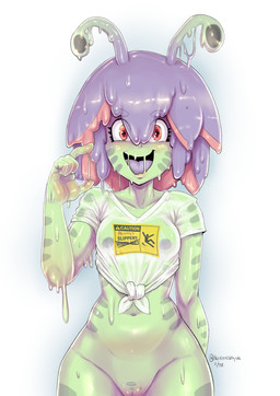 4_eyes 5_fingers barely_visible_genitalia barely_visible_vulva bottomless breasts clothed clothing eyelashes female fingers genitals green_body hair horizontal_pupils multi_eye multicolored_hair navel nipples open_mouth pink_hair pupils purple_hair purple_tongue shirt simple_background slime smile solo striped_body stripes text text_on_clothing text_on_shirt text_on_topwear tongue topwear translucent translucent_clothing two_tone_hair vulva white_clothing white_shirt white_topwear nerdbayne animal_humanoid gastropod gastropod_humanoid humanoid mammal mollusk mollusk_humanoid snail snail_humanoid 2022 absurd_res dated digital_media_(artwork) english_text hi_res shaded signature