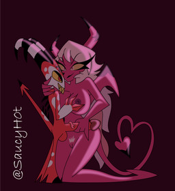 big_breasts big_penis breast_grab breasts duo female genitals hand_on_breast male male/female penis penis_grab size_difference smaller_male vein veiny_penis saucyh0t hellaverse helluva_boss blitzo_(helluva_boss) verosika_mayday demon humanoid imp succubus absurd_res hi_res