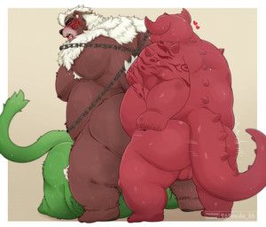 anthro backsack balls belly big_belly big_butt bound brown_body butt chain chained genitals green_body group group_sex kemono male moobs oral_while_penetrated overweight overweight_male red_body sex simple_background standing standing_sex threesome 96panda lifewonders tokyo_afterschool_summoners fire_baron kimun_kamui_(tas) wood_baron bear mammal 2024 hi_res
