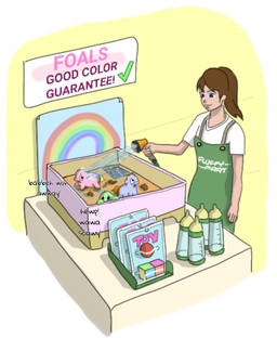 ambiguous_feral ambiguous_gender baby_bottle baby_talk blue_body blue_fur brown_hair clerk clothed clothed_human clothing dialogue feces female female_human feral fur green_body green_clothing green_fur group hair happy holding_object holding_tool light_body light_skin narrowed_eyes neonate painting_(object) pink_body pink_fur running running_away scared smile text tools topwear toy toy_block water white_clothing white_topwear young young_ambiguous young_feral carpdime fluffy_pony fluffy_pony_(species) human mammal 2020 digital_media_(artwork) english_text hi_res shaded