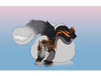 anthro belly big_belly black_claws claws digestion long_tail male orange_eyes solo stripes tail tail_mouth unusual_anatomy unusual_tail vore cmitchell mawlamute_(itsguusy) hi_res letterbox