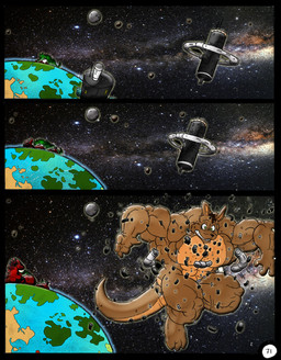 anthro big_breasts big_muscles body_size_growth breasts female giga group huge_breasts huge_muscles macro male muscular muscular_female muscular_male size_difference size_transformation space transformation trio dnapalmhead redsaber third-party_edit mythology dragon kangaroo macropod mammal marsupial mythological_creature mythological_scalie scalie comic