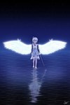 2:3 absurd_res blue_eyes child clothed clothing codyf0xx female hair hi_res human humanoid mammal melee_weapon night ponytail rapier reflection rooster_teeth rwby spread_wings star sword torn_clothing water weapon weiss_schnee white_hair wings young young_female
