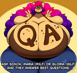 after_eating big_breasts blush breasts brown_clothing brown_shirt brown_topwear clothing curvy_figure double_v_sign eyelashes eyewear female fur gesture glasses glistening glistening_eyes gradient_hair green_eyes hair hand_gesture huge_breasts huge_hips hyper hyper_breasts hyper_hips inner_ear_fluff looking_at_viewer pink_hair purple_hair q&a round_glasses shirt small_head smile solo tan_body tan_fur text topwear tuft v_sign voluptuous voluptuous_anthro voluptuous_female wide_hips superix superia canid canine canis domestic_dog mammal english_text hi_res