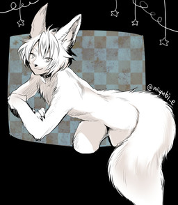 abstract_background anthro arm_tuft bangs bent_over big_ears black_border black_claws black_collar black_nails black_nose blue_background border butt butt_tuft casual_nudity checkered checkered_background chest_tuft claws collar collar_only colored_nails crossed_arms elbow_tuft eye_through_hair eyebrow_through_hair eyebrows eyelashes fingers fluffy fluffy_ears fluffy_hair fluffy_tail fur fur_tuft glistening glistening_claws glistening_eyes glistening_nails glistening_nose grey_background grey_eyes hair hair_between_eyes hip_tuft inner_ear_fluff kemono leaning leaning_forward leg_tuft long_tail looking_at_viewer male messy_hair nails naturally_censored nude pattern_background pecs pointy_ears pose prick_ears shadow short_hair side_view simple_background slim slim_anthro slim_male smile snout solo studded_collar studs tail translucent translucent_hair tuft white_body white_eyebrows white_fur white_hair kiichi canid canine fox mammal pinup portrait shaded signature three-quarter_portrait