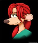 anthro black_background brown_nose clothing female green_clothing green_eyes hair looking_aside looking_at_viewer red_hair simple_background smile solo text verona7881 aardman_animations dreamworks flushed_away rita_malone mammal murid murine rat rodent english_text watermark