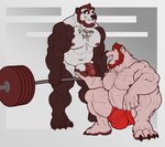 2018 anthro arcas balls balls_outline barazoku barbell bear beard big_muscles bodily_fluids body_writing bulge clothing detailed_bulge duo english_text exercise facial_hair facial_piercing flaccid genital_fluids genital_outline genitals giant_panda hair hi_res humanoid_genitalia humanoid_penis male male/male mammal musclegut muscular muscular_anthro muscular_male navel nightterror nipples nose_piercing nude penis penis_outline piercing polar_bear precum sexercise sweat text underwear ursine weightlifting workout writing_on_chest