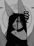 anthro black_hair blood bodily_fluids chest_tuft ear_piercing ear_ring female hair long_hair looking_at_viewer nosebleed piercing ring_piercing solo text tuft itswolven mars_(itswolven) bat mammal 2020 english_text monochrome signature male_(lore)