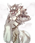 anthro blush brown_body brown_fur fur green_eyes looking_at_viewer male multicolored_body multicolored_fur solo striped_body striped_fur stripes tail towel white_body white_fur nokia1124_a lifewonders tokyo_afterschool_summoners seth_(tas) canid canine canis jackal mammal 2024 hi_res