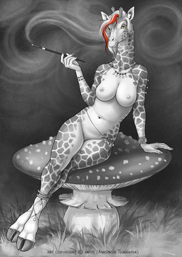 5_fingers anthro biped breasts cigarette featureless_crotch female fingers fungus hooves mushroom nipples nude sitting smoke solo yellow_eyes anisis giraffe giraffid mammal 2018 digital_media_(artwork) hi_res sketch