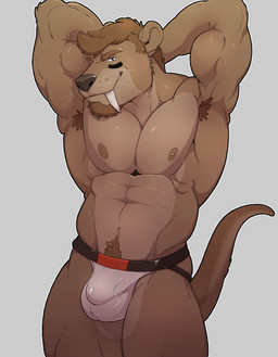 abs anthro athlete biceps brown_body brown_fur brown_nipples brown_nose bulge clothed clothing fangs fur grey_background hands_behind_head jock jockstrap male mostly_nude muscular muscular_anthro muscular_male nipples outline pecs sabertooth_(anatomy) simple_background smile solo teeth topless tusks underwear knuxlight jon_sanders mammal mustelid otter 2016 portrait three-quarter_portrait
