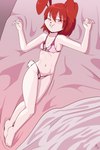 anthro bare_shoulders barefoot bed_sheet bedding blush bra breasts brown_eyes butterfly_print clothing crossed_legs detailed_background feet female fur hair lingerie loli looking_at_viewer lying mostly_nude narrowed_eyes navel on_back panties plantigrade red_ears red_hair short_hair small_breasts smile smirk solo underwear white_body white_fur young young_anthro fuf arthropod butterfly insect lagomorph lepidopteran leporid mammal rabbit 2:3 hi_res