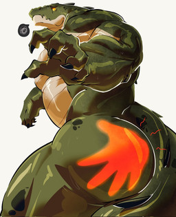 5_fingers anthro black_claws bodily_fluids butt claws countershade_arms countershade_face countershade_neck countershade_torso countershading dorsal_ridge emanata finger_claws fingers foreshortening frustration_cloud green_body hand_print looking_at_self looking_back looking_back_at_self looking_down male mouth_closed muscular muscular_anthro muscular_male nervous nervous_sweat nude nude_anthro nude_male pose pupils rear_view simple_background slit_pupils snout solo spank_marks sweat sweaty_arms sweaty_body sweaty_butt sweaty_face tail tail_ridge tan_body tan_countershading white_background yellow_eyes teseirei koda_(teseirei) crocodilian reptile scalie 2025 digital_drawing_(artwork) digital_media_(artwork) hi_res portrait three-quarter_portrait