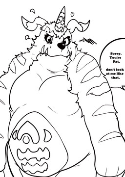 angry animal_skin anthro belly belly_markings fupa fur horn male markings offscreen_character overweight solo striped_body striped_fur stripes text rinhatsuyuki bandai_namco digimon digimon_(species) gabumon absurd_res english_text hi_res